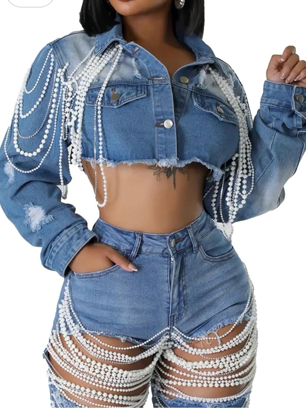 Pearl-Trim Distressed High-Waist Denim Shorts - Blue